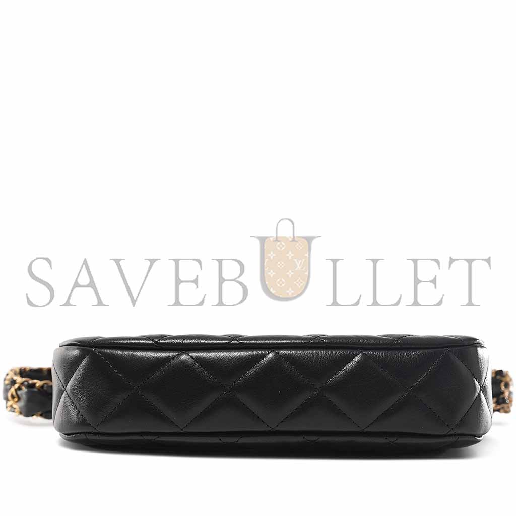 Ch*el black quilted lambskin hobo bag brushed gold hardware (20.5*12*4.5cm)
